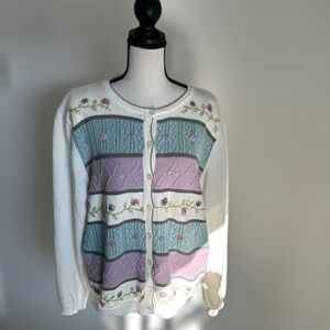 Vintage Alfred Dunner Floral Embroidered White/Teal/Lilac Cardigan, Size L